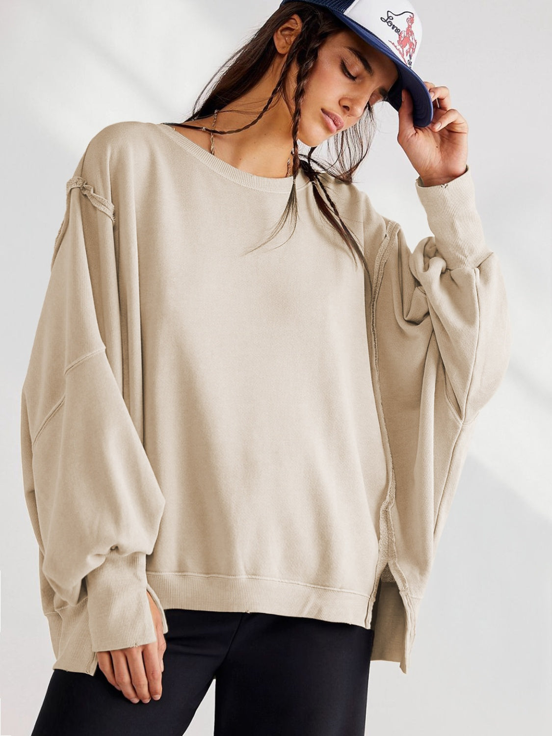Slit Round Neck Dropped Shoulder T-Shirt-Angel Casuals