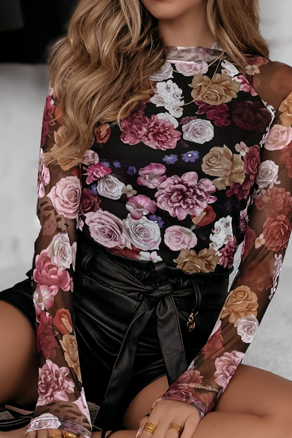 Floral Mock Neck Long Sleeve Mesh Top-Angel Casuals