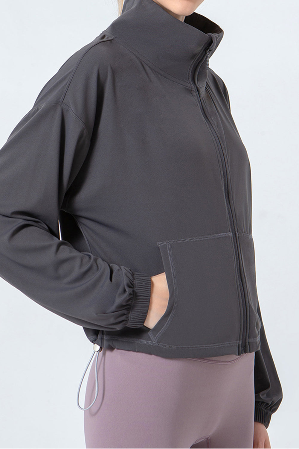 Drawstring Zip Up Dropped Shoulder Active Outerwear-Angel Casuals
