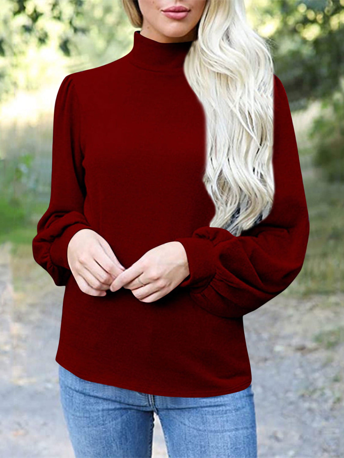 Full Size Mock Neck Long Sleeve T-Shirt-Angel Casuals