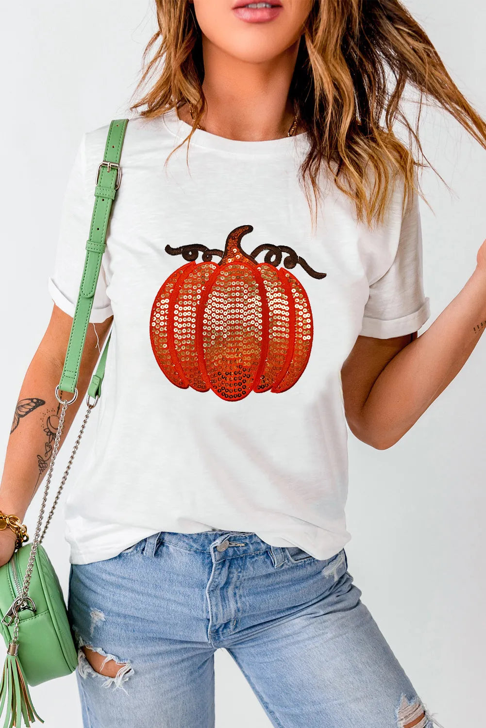 Full Size Sequin Pumpkin Round Neck Short Sleeve T-Shirt-Angel Casuals