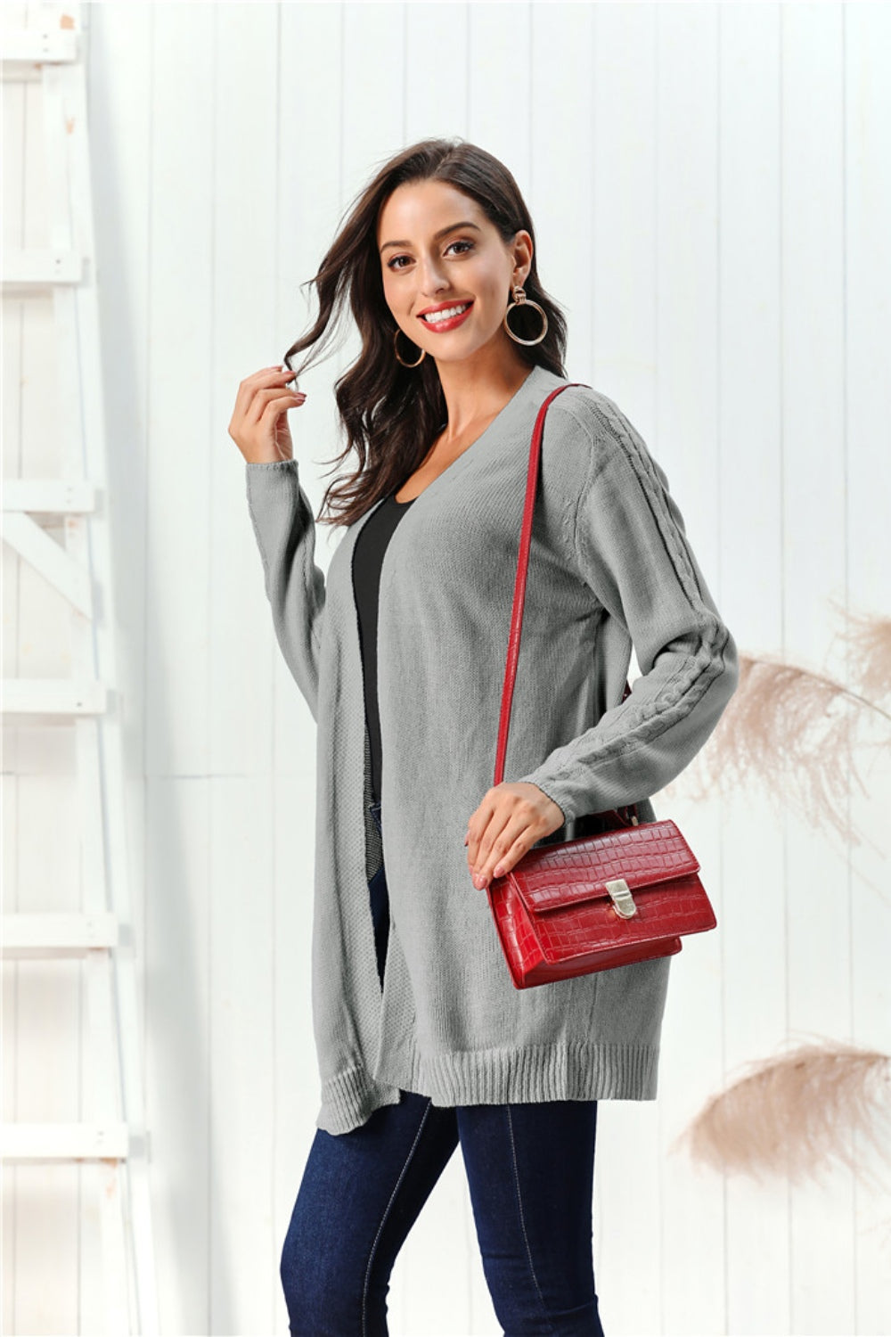Cable-Knit Open Front Long Sleeve Cardigan-Angel Casuals