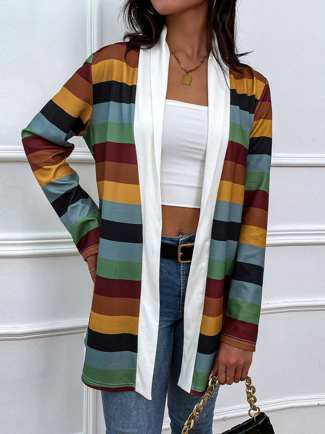 Shiny Color Block Open Front Cardigan-Angel Casuals