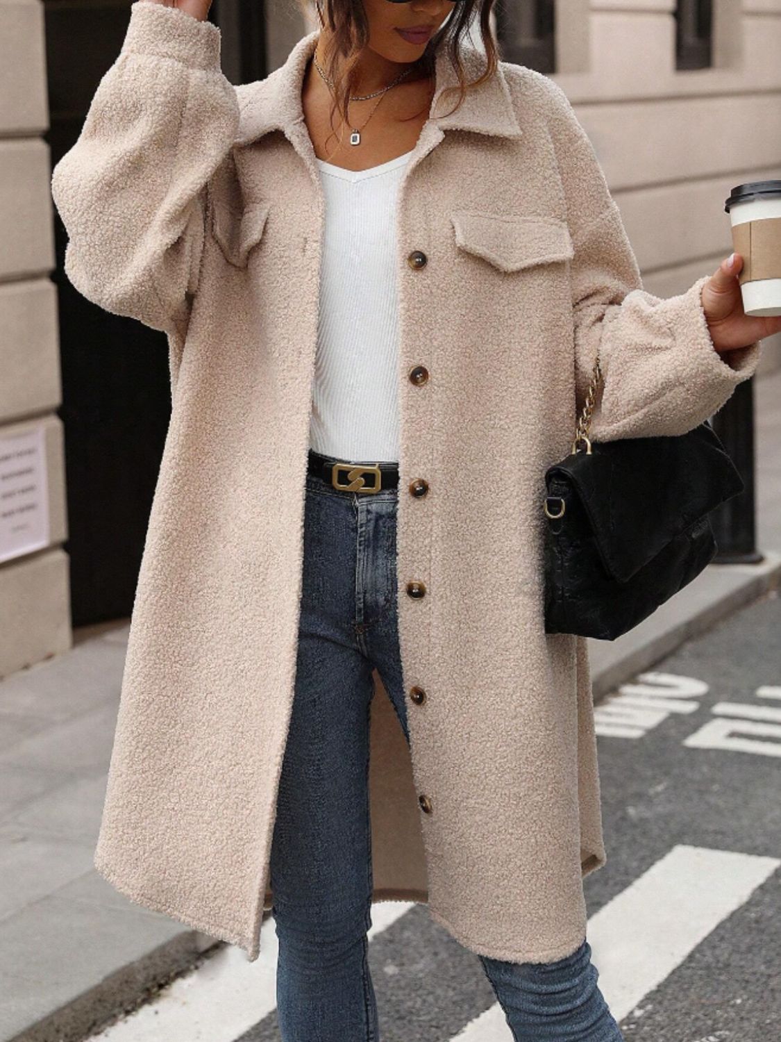 Button Up Drop Shoulder Sherpa Coat-Angel Casuals