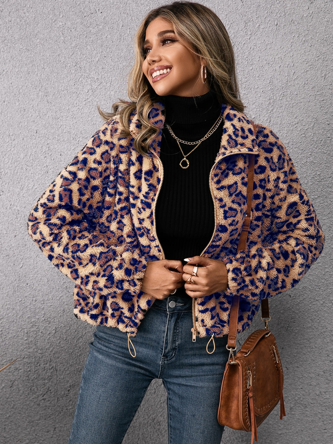 Ivy Lane Drawstring Leopard Zip Up Jacket-Angel Casuals