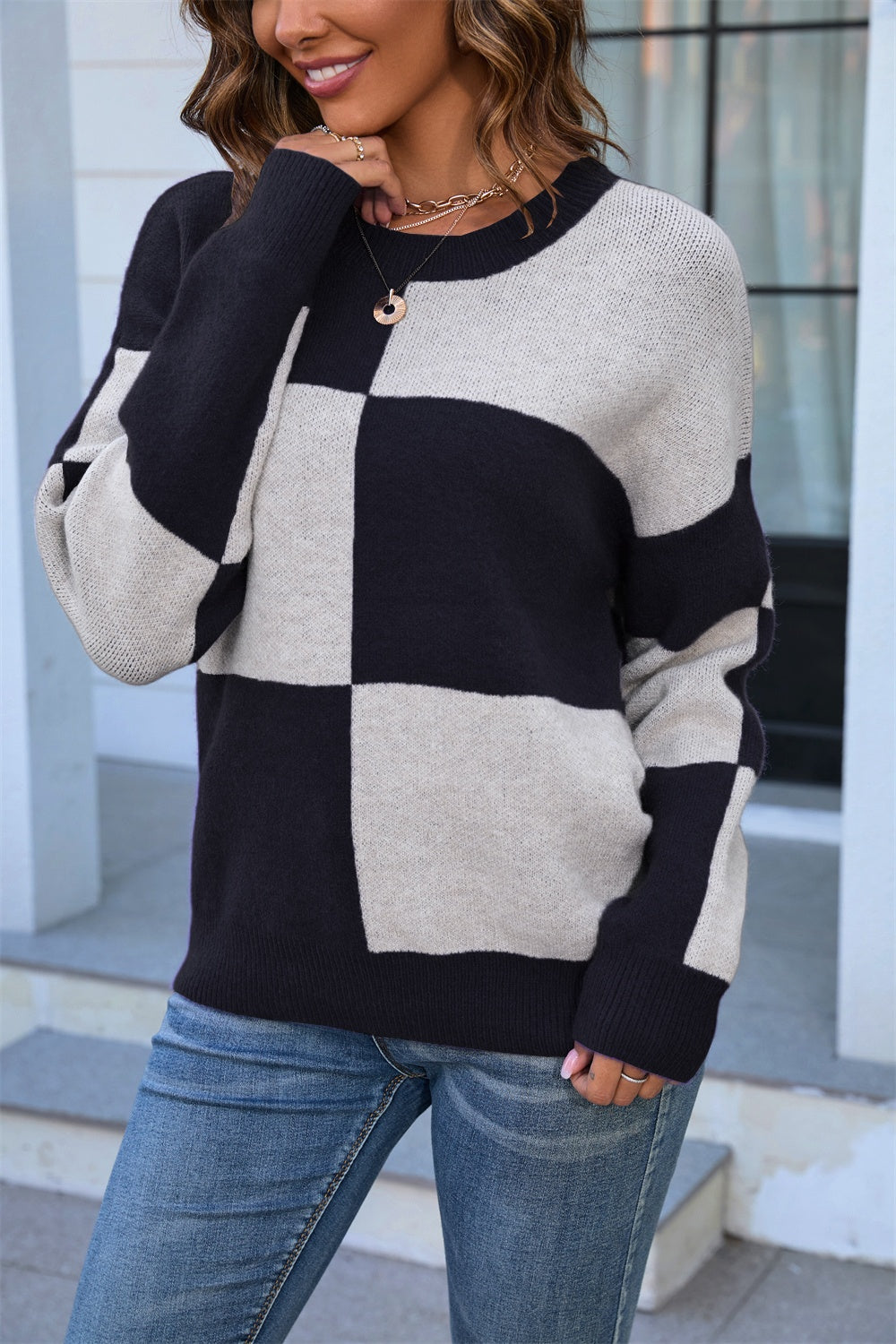 Angel Wings Color Block Round Neck Dropped Shoulder Sweater-Angel Casuals