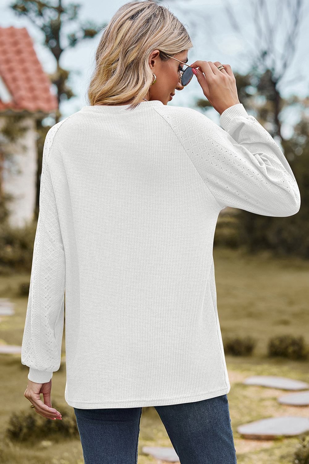Eyelet Round Neck Long Sleeve T-Shirt-Angel Casuals