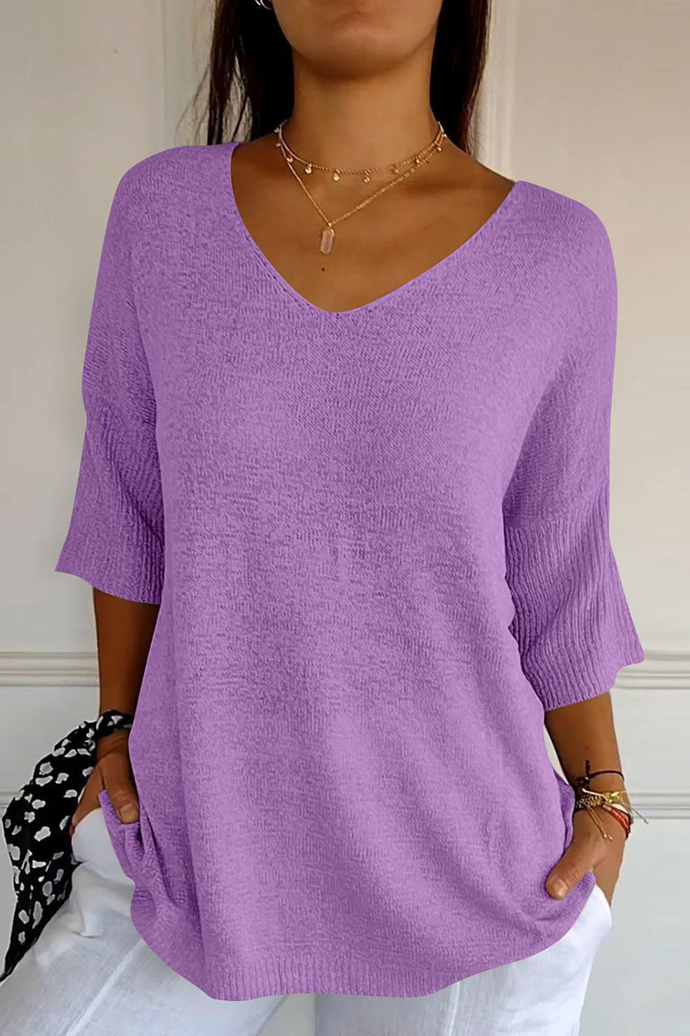 V-Neck Three-Quarter Sleeve Knit Top-Angel Casuals