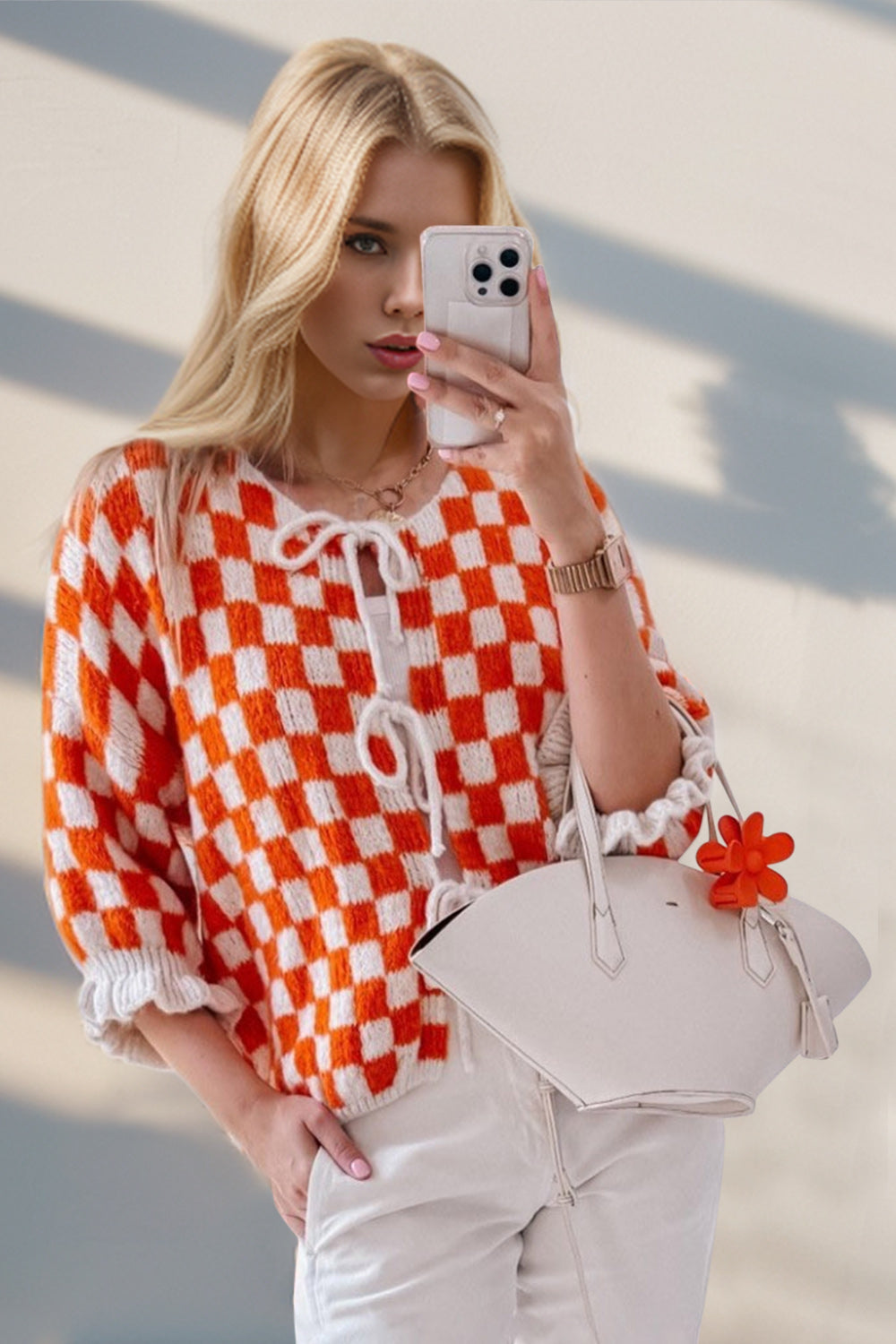 Double Take Tied Checkered Dropped Shoulder Flounce Sleeve Cardigan-Angel Casuals