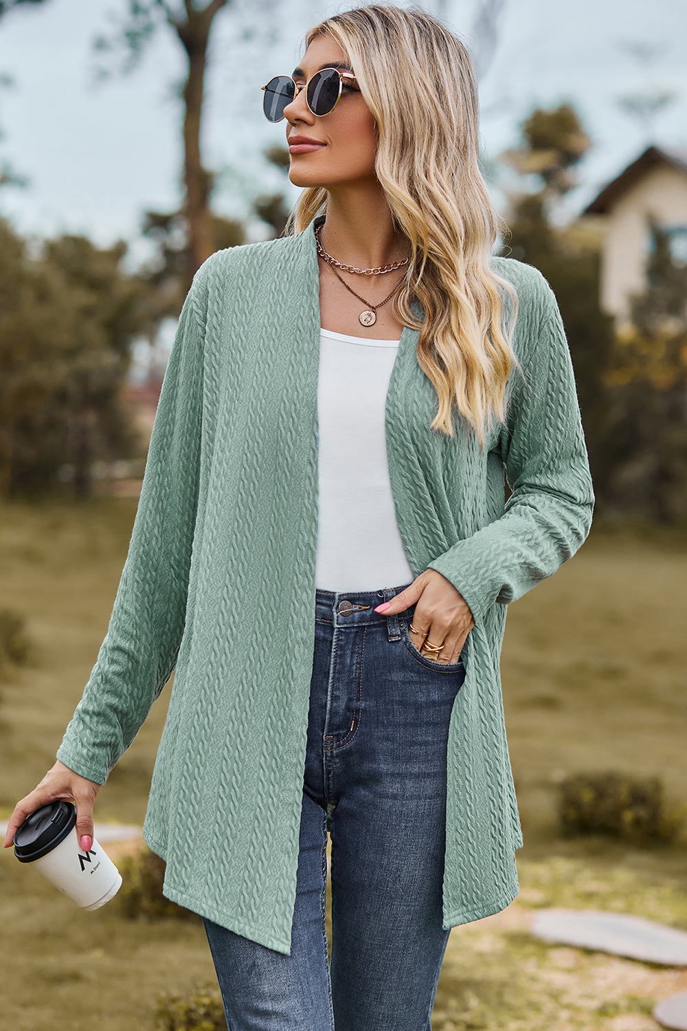 Textured Open Front Long Sleeve Cardigan-Angel Casuals