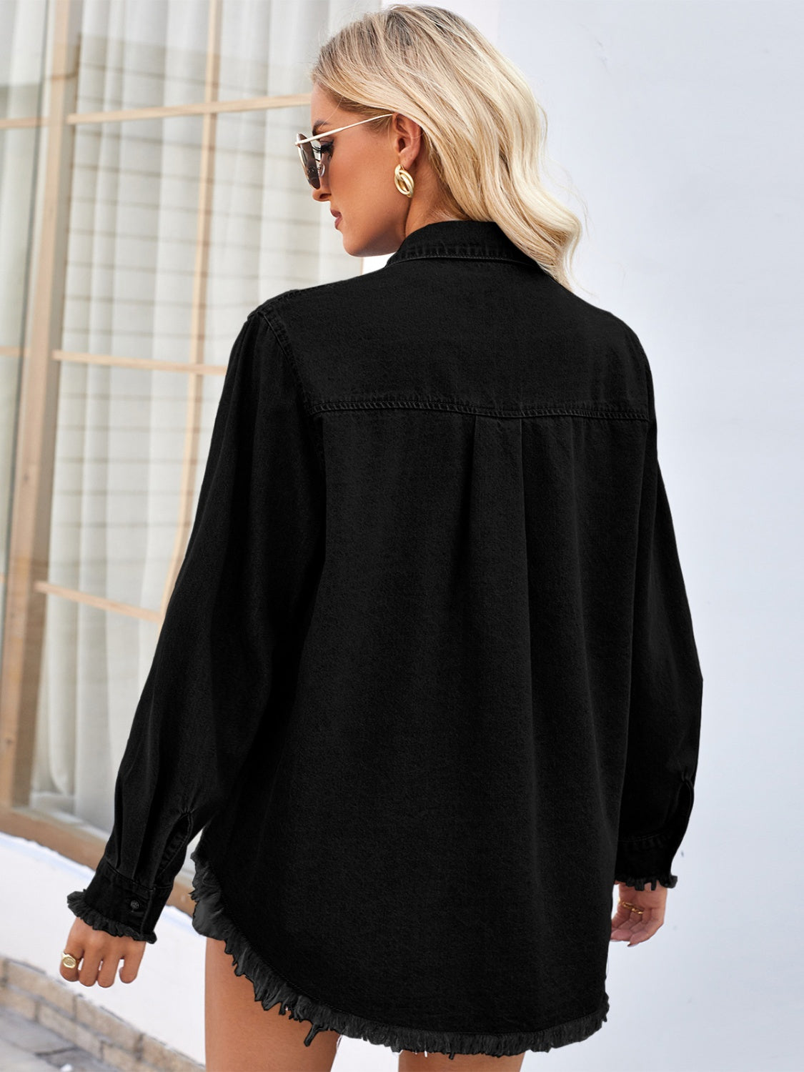 Raw Hem Button Up Long Sleeve Denim Jacket with Sequin Pockets-Angel Casuals