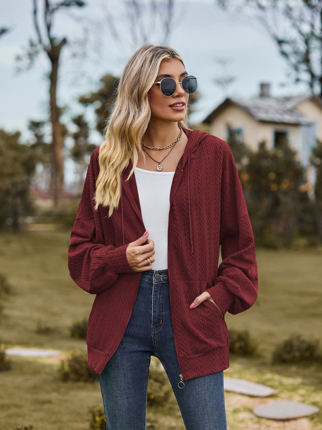 Zip Up Drawstring Long Sleeve Hooded Jacket-Angel Casuals