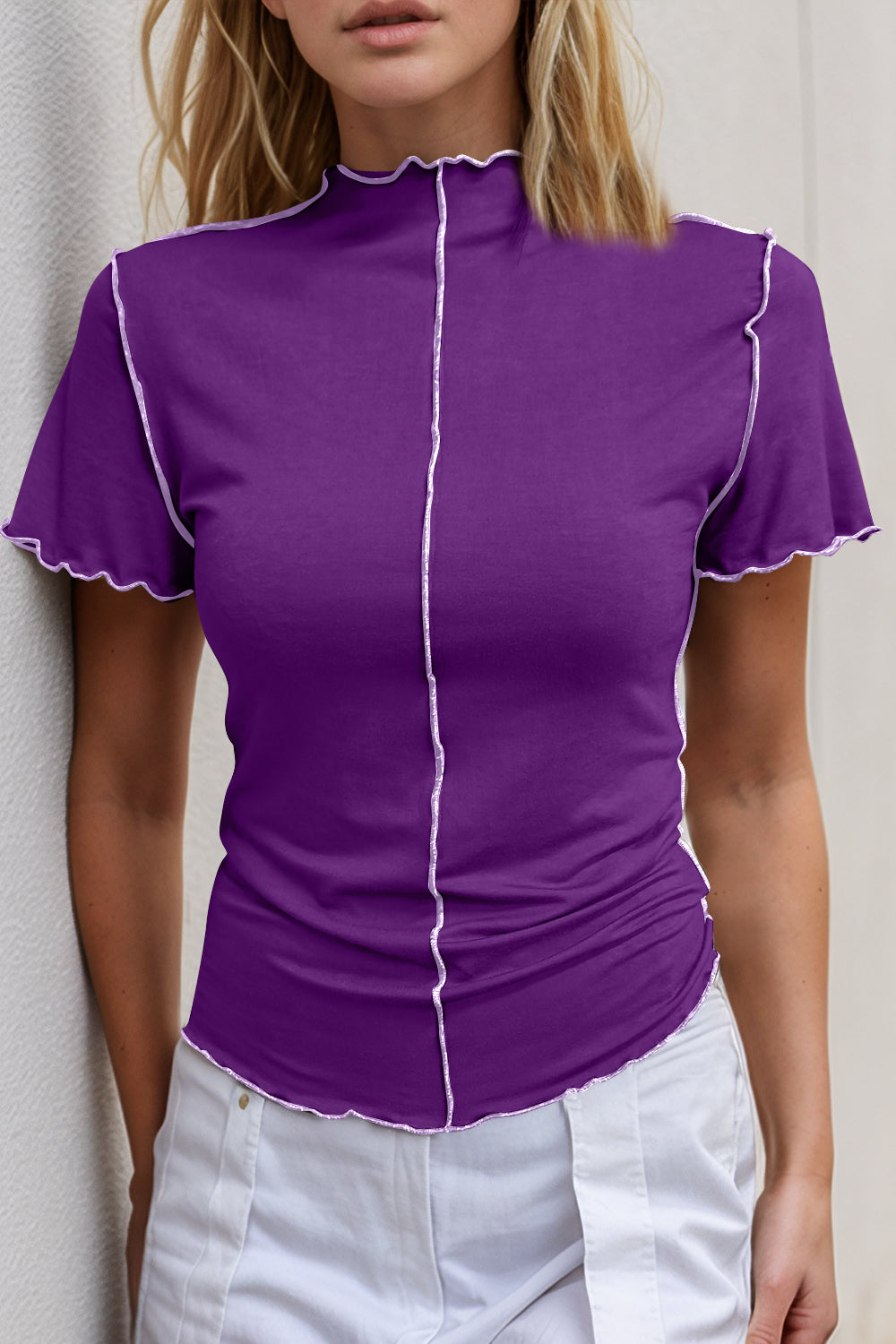Basic Bae Contrast Trim Mock Neck Short Sleeve T-Shirt-Angel Casuals