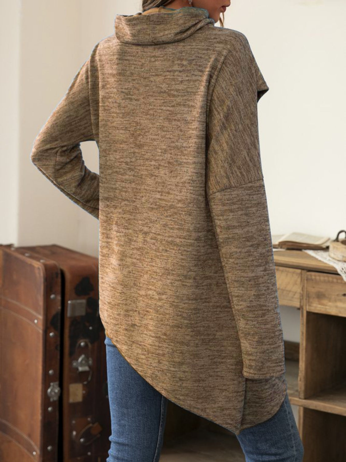 Asymmetrical Hem Cowl Neck Long Sleeve T-Shirt-Angel Casuals