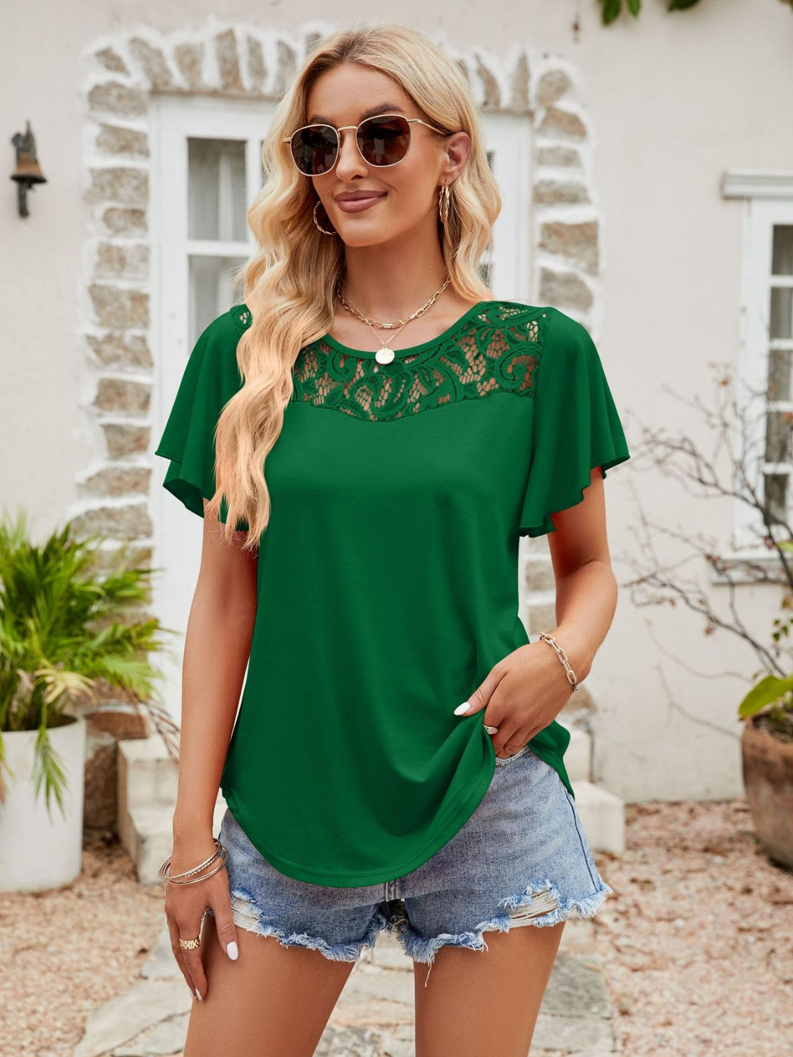 Lace Detail Round Neck Short Sleeve T-Shirt-Angel Casuals
