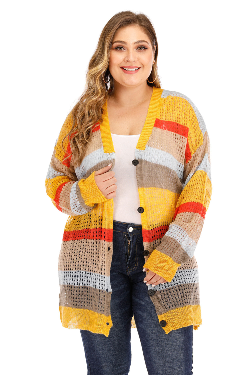 Plus Openwork Color Block Button Up Cardigan-Angel Casuals