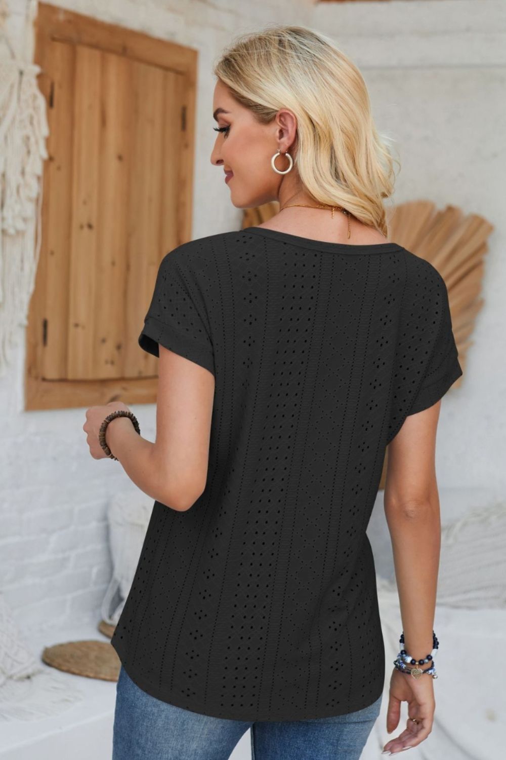 Eyelet Round Neck Rolled Short Sleeve T-Shirt-Angel Casuals