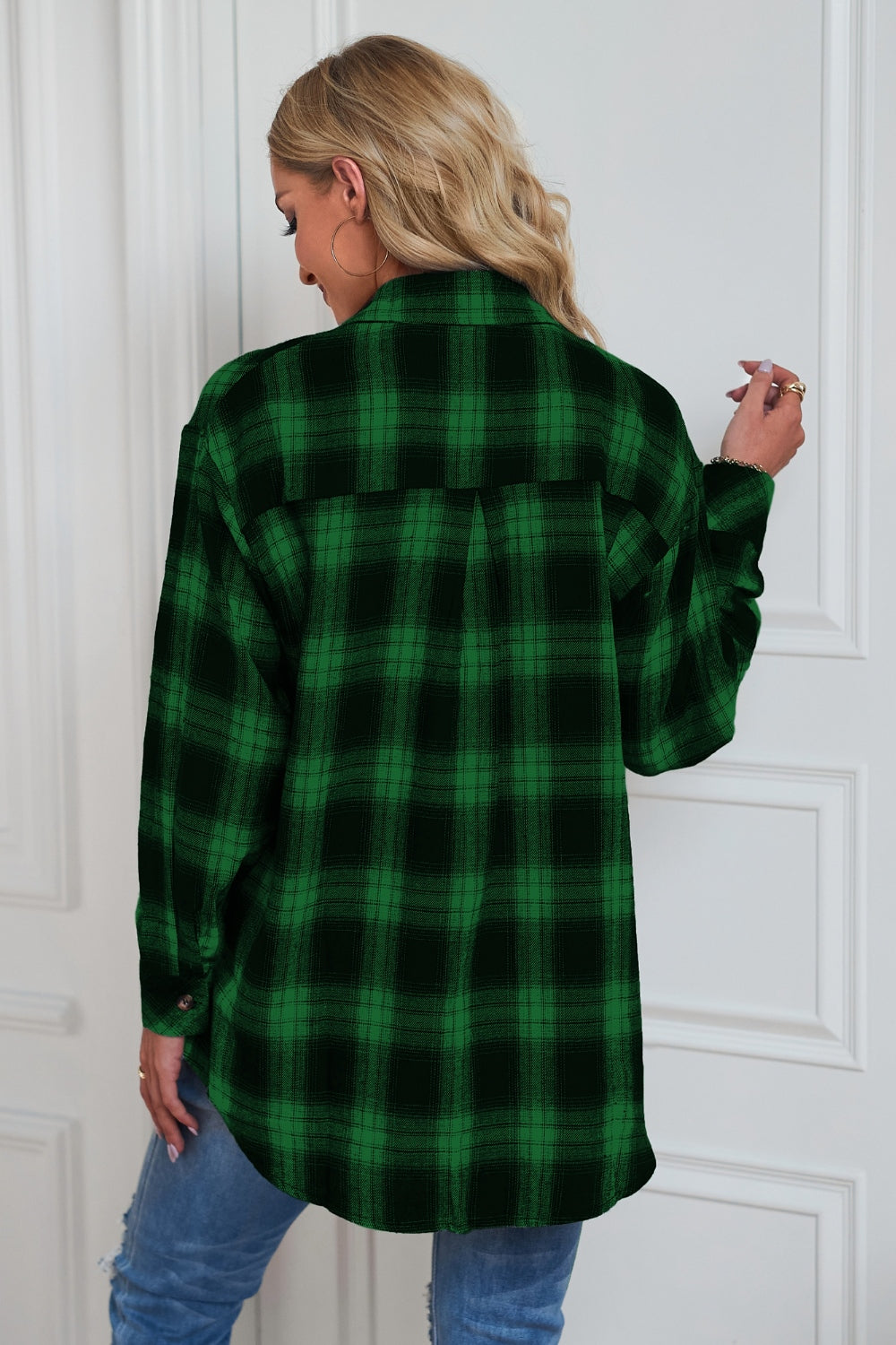 Plaid Button Up Dropped Shoulder Outerwear-Angel Casuals