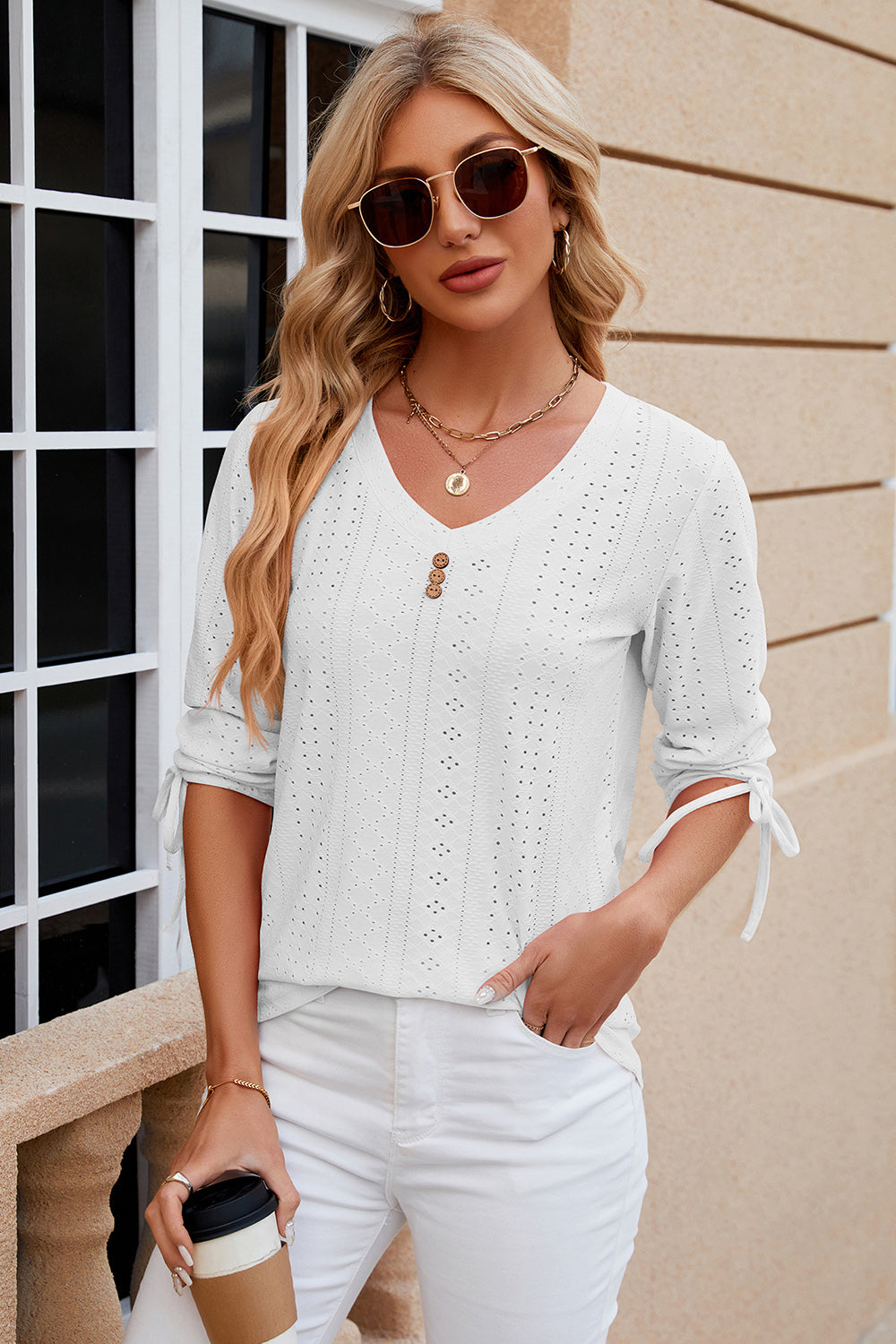 Eyelet Drawstring V-Neck Half Sleeve T-Shirt-Angel Casuals