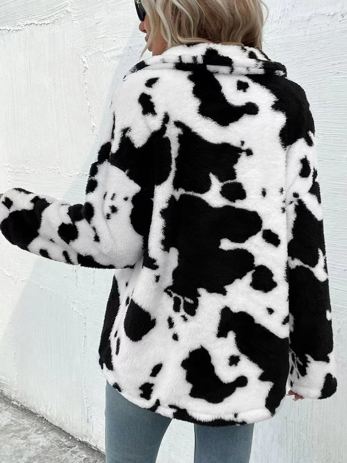 Cow Print Collared Neck Button Up Fuzzy Jacket-Angel Casuals
