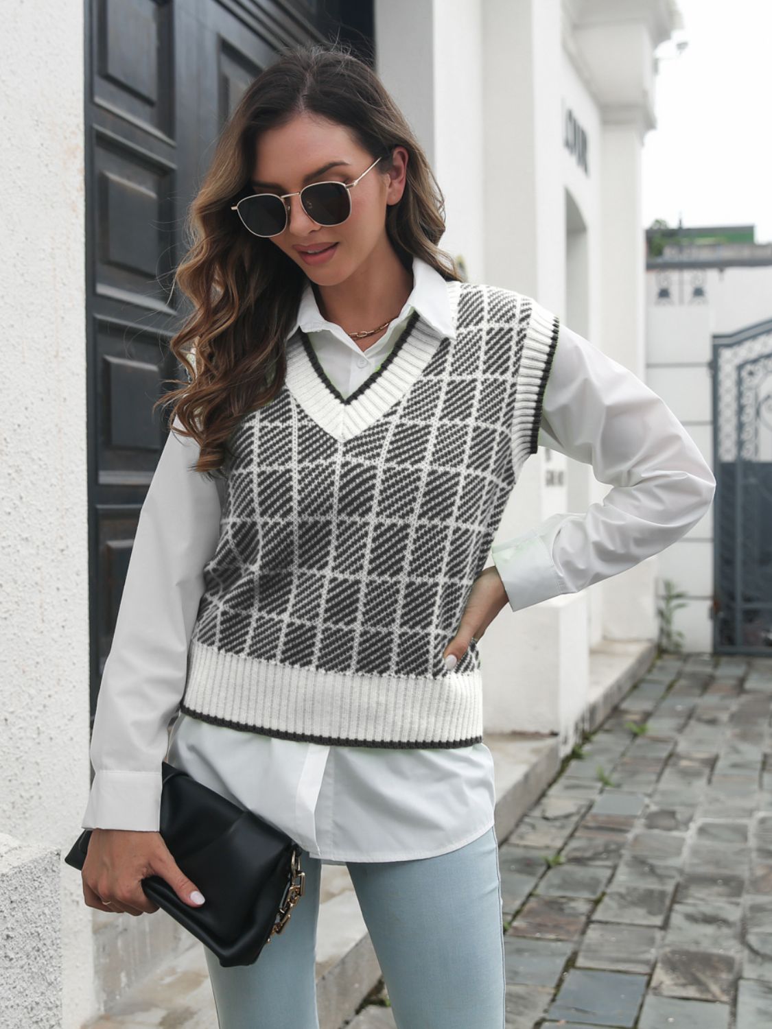 Plaid V-Neck Sweater Vest-Angel Casuals