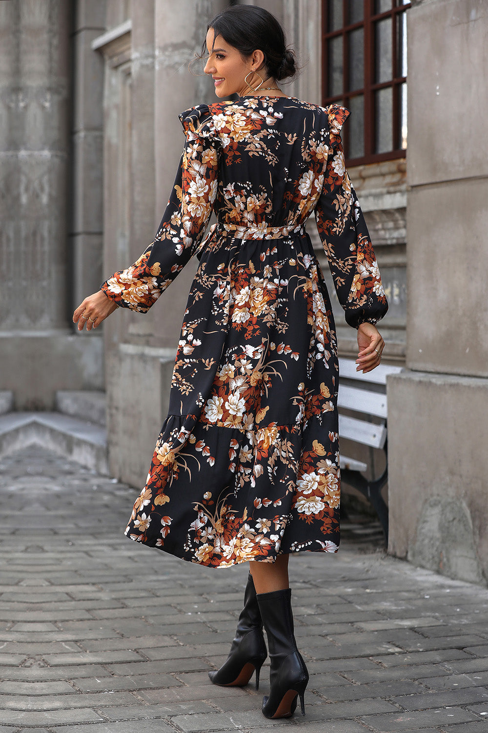 Floral Surplice Tie Front Ruffle Hem Midi Dress-Angel Casuals