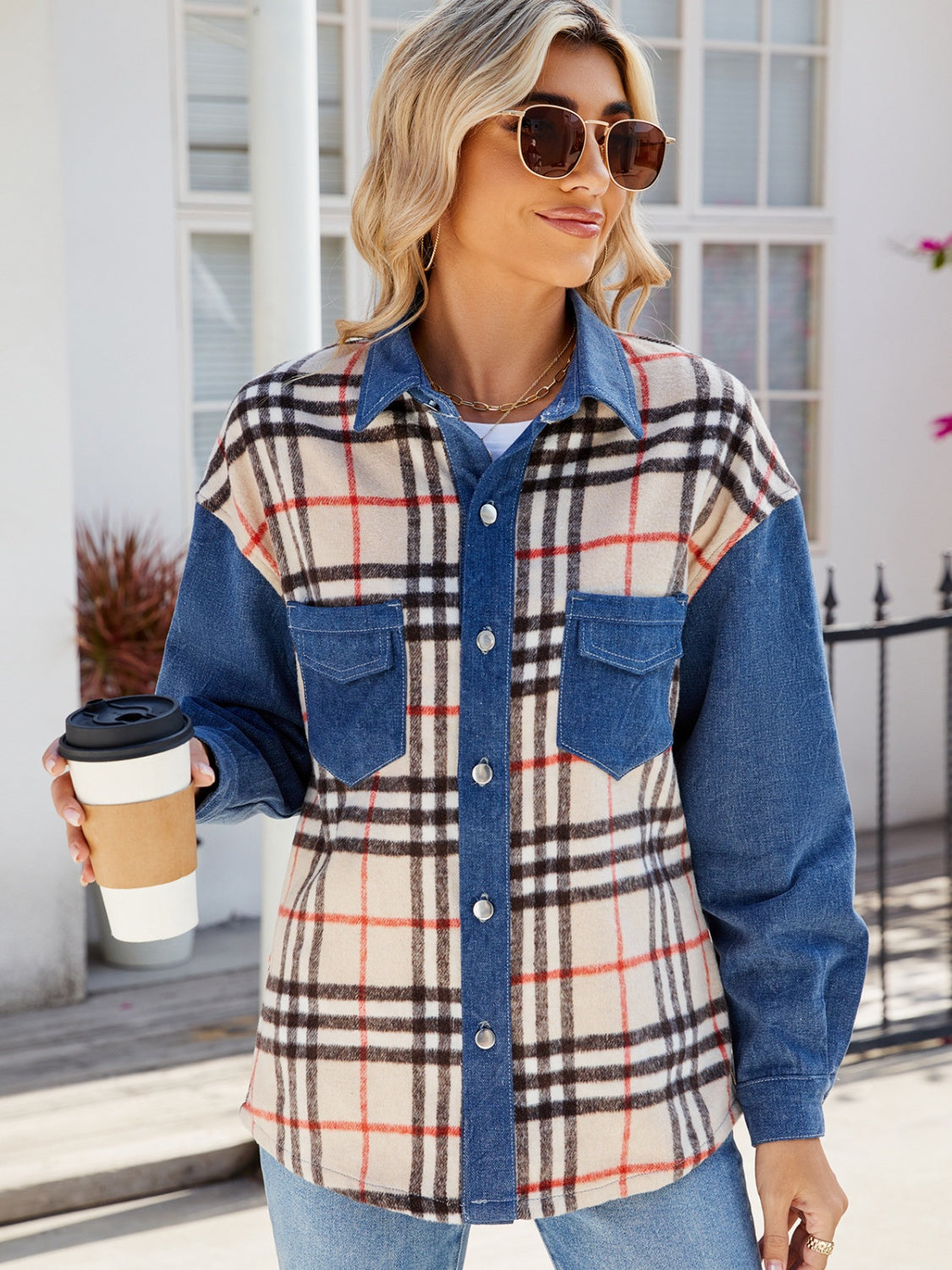 Plaid Long Sleeve Denim Jacket-Angel Casuals