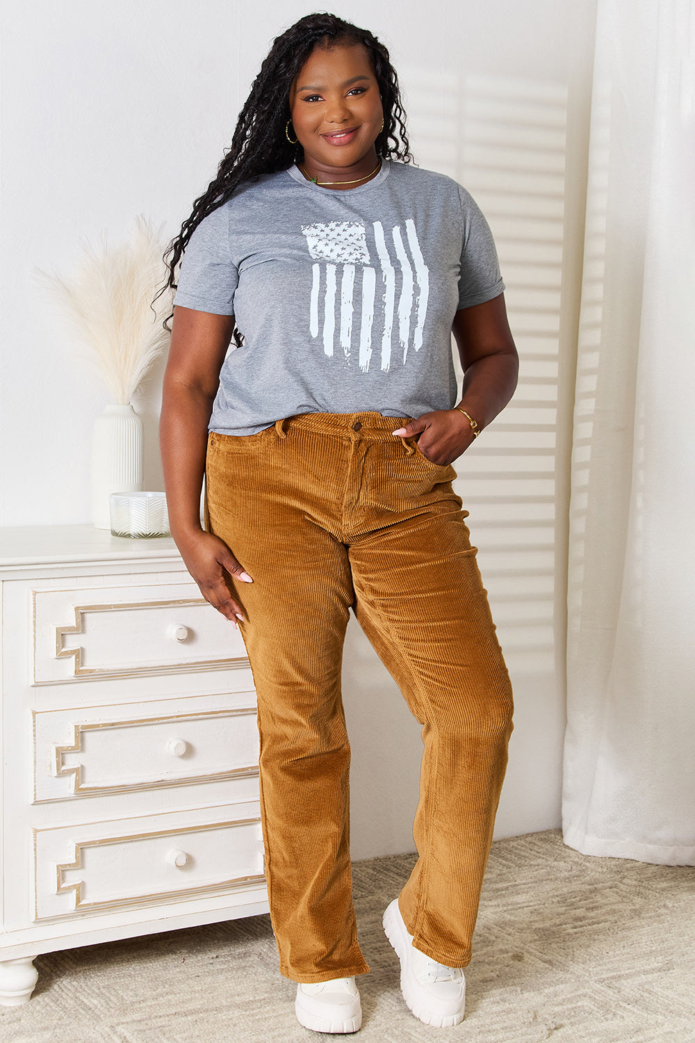 Simply Love US Flag Graphic Cuffed Sleeve T-Shirt-Angel Casuals