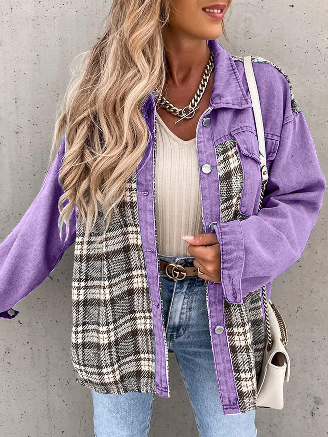 Plaid Button Up Dropped Shoulder Jacket-Angel Casuals
