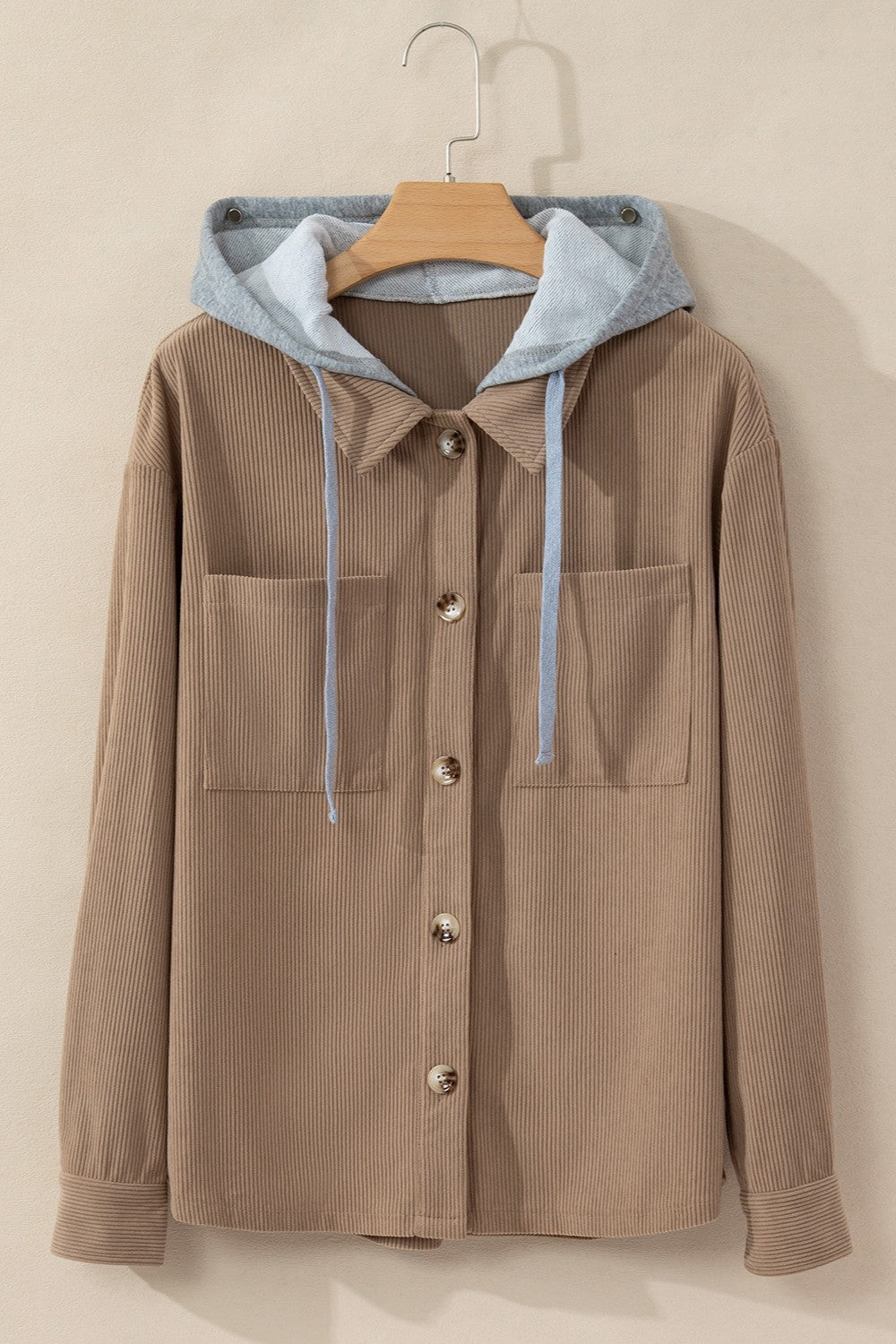 Drawstring Button Up Long Sleeve Hooded Jacket-Angel Casuals