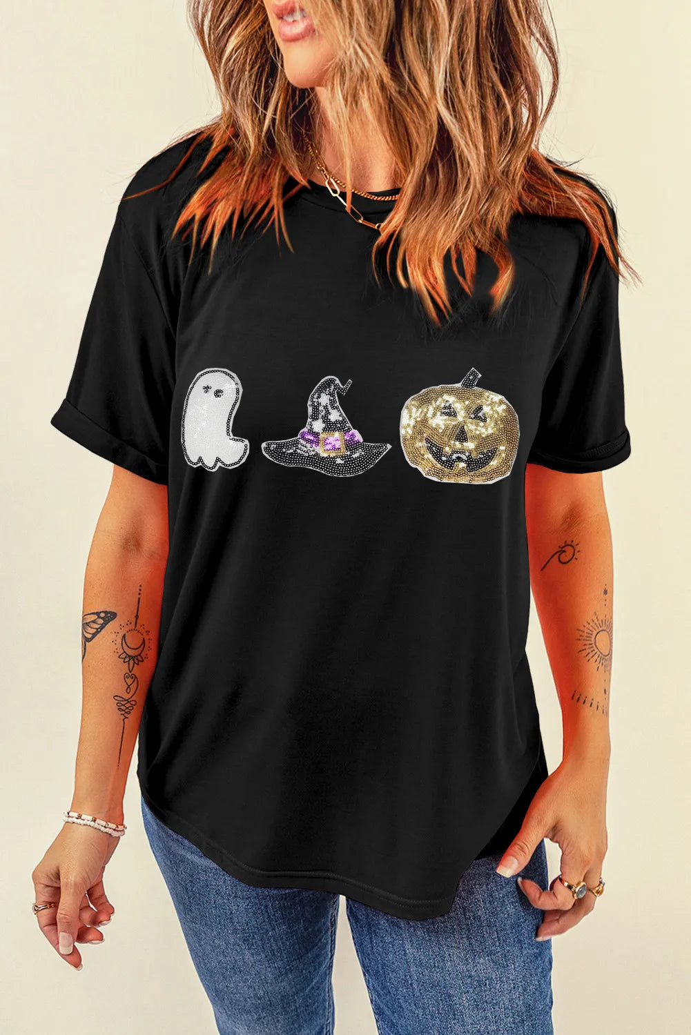 Sequin Round Neck Short Sleeve T-Shirt-Angel Casuals