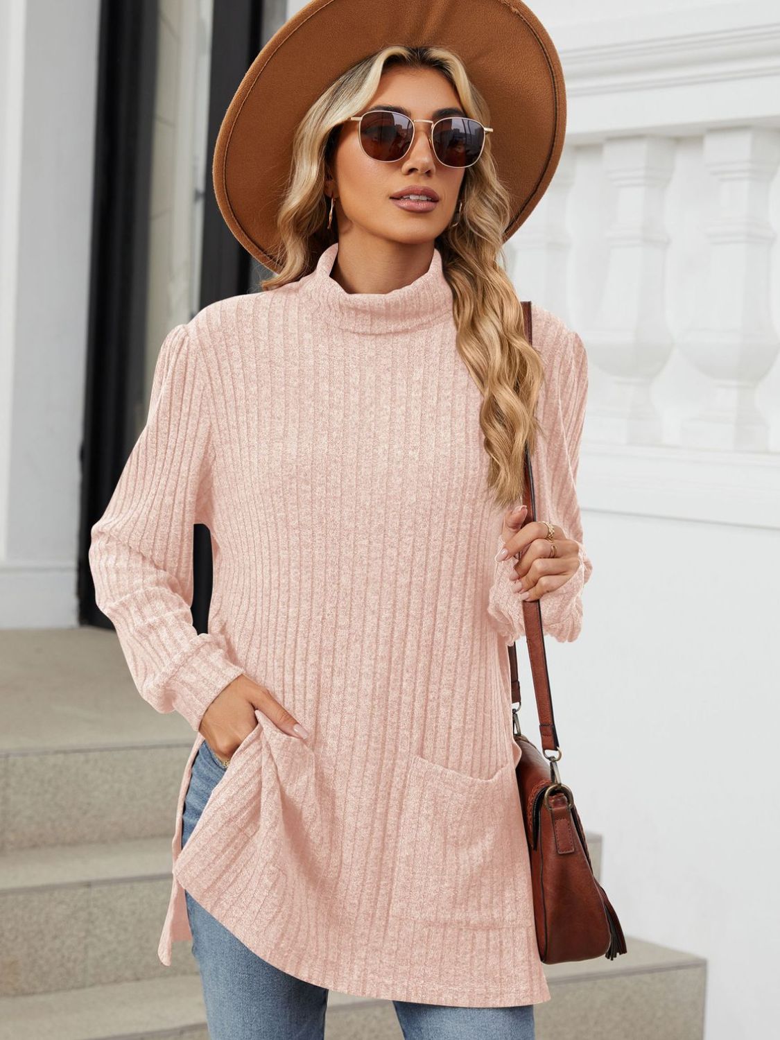 Slit Mock Neck Long Sleeve T-Shirt-Angel Casuals