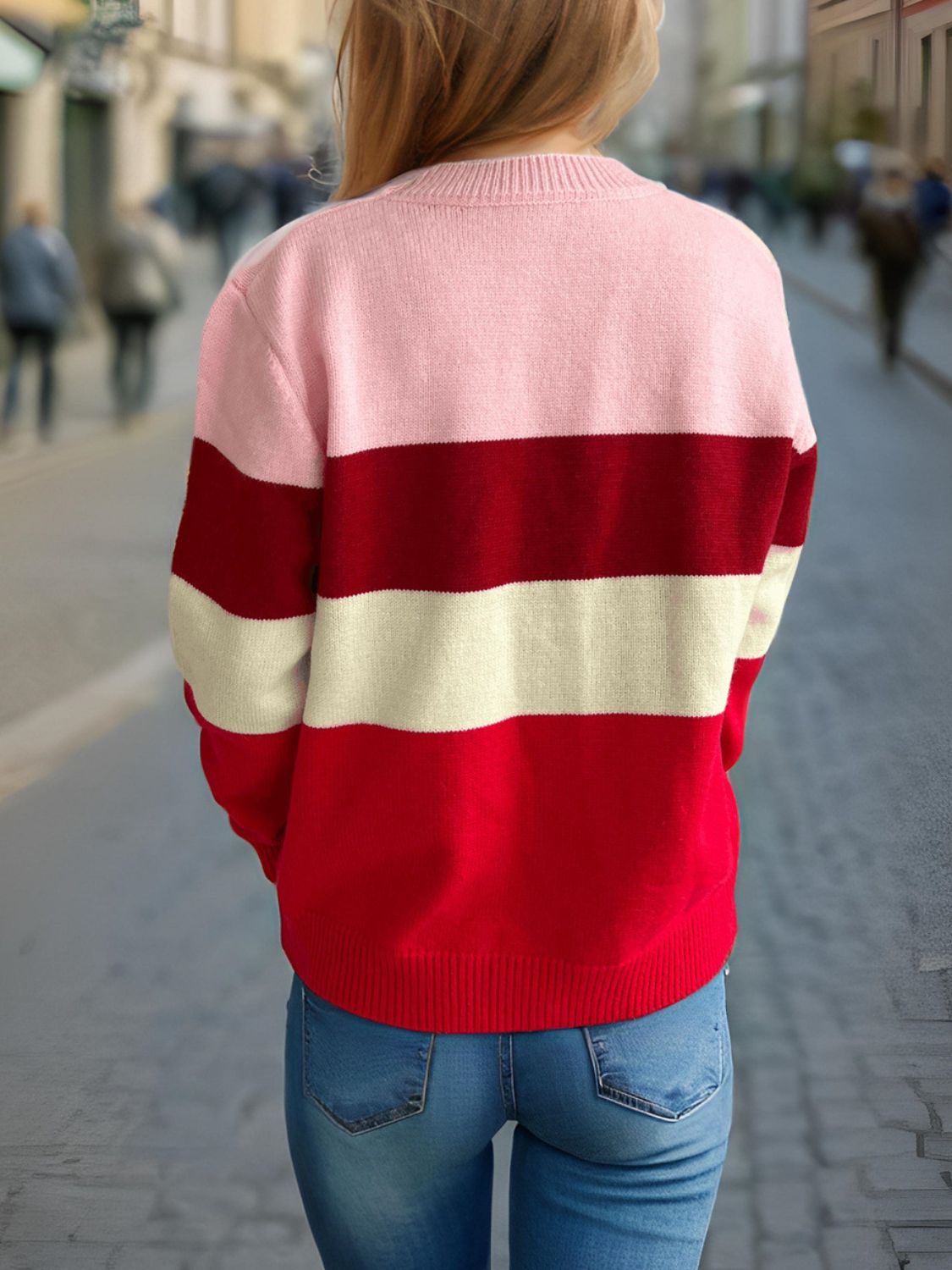 Color Block Round Neck Long Sleeve Sweater-Angel Casuals