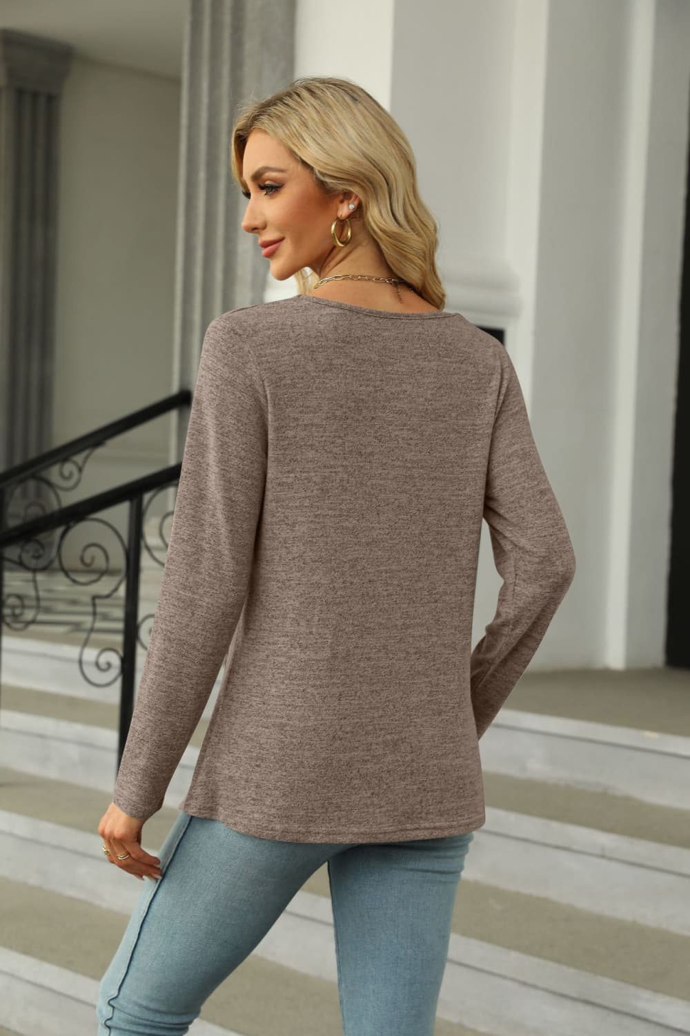 Square Neck Long Sleeve Slit T-Shirt-Angel Casuals