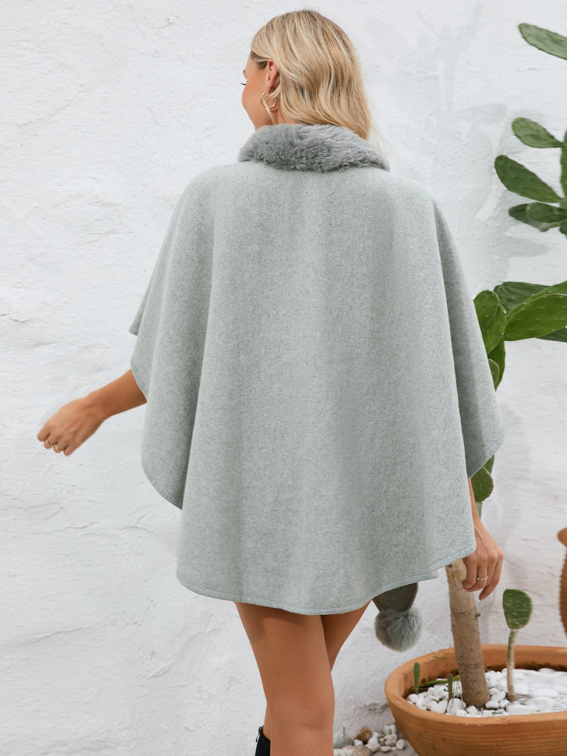Fuzzy Trim Open Front Poncho-Angel Casuals