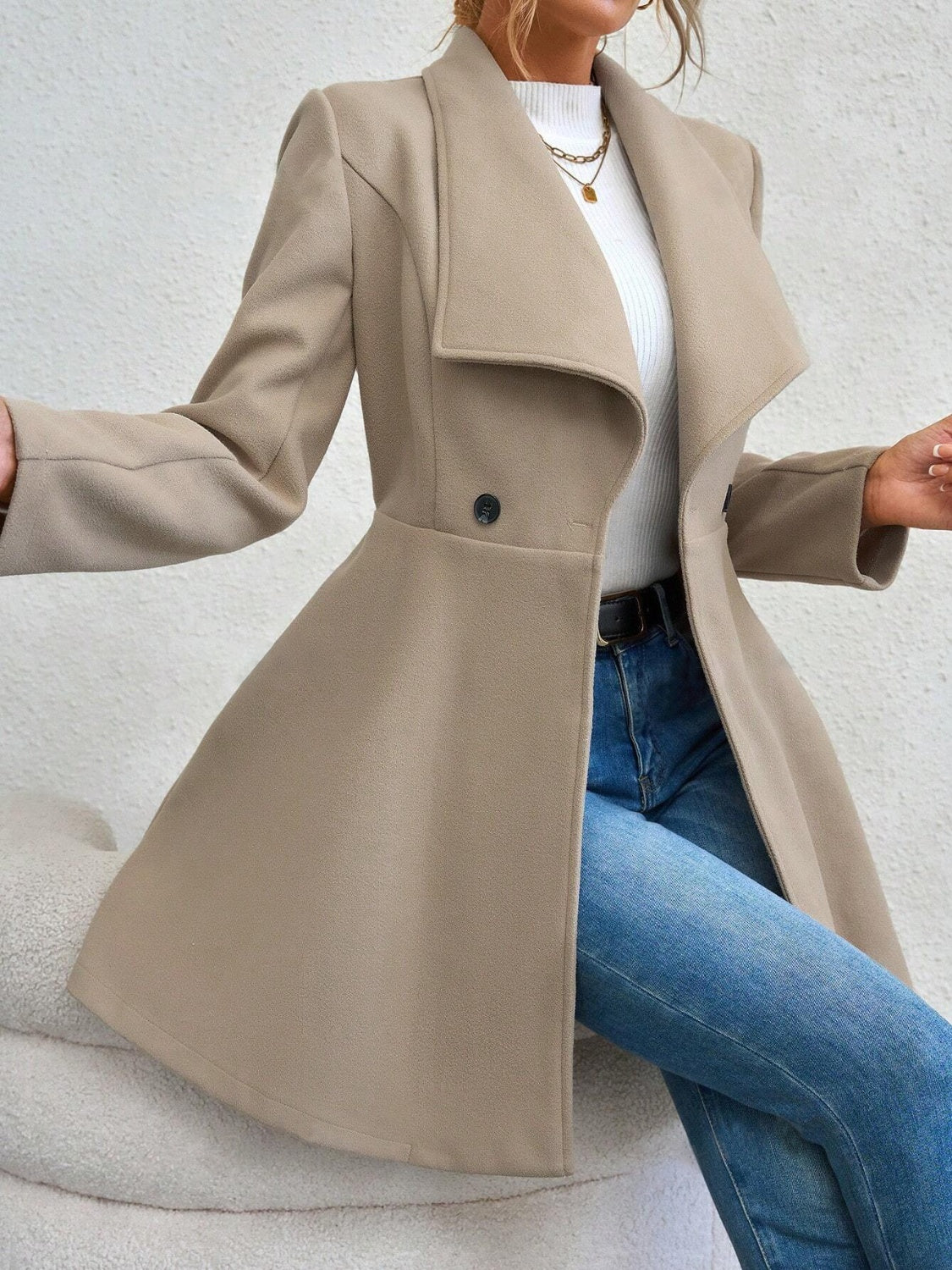 Collared Neck Button Up Long Sleeve Coat-Angel Casuals