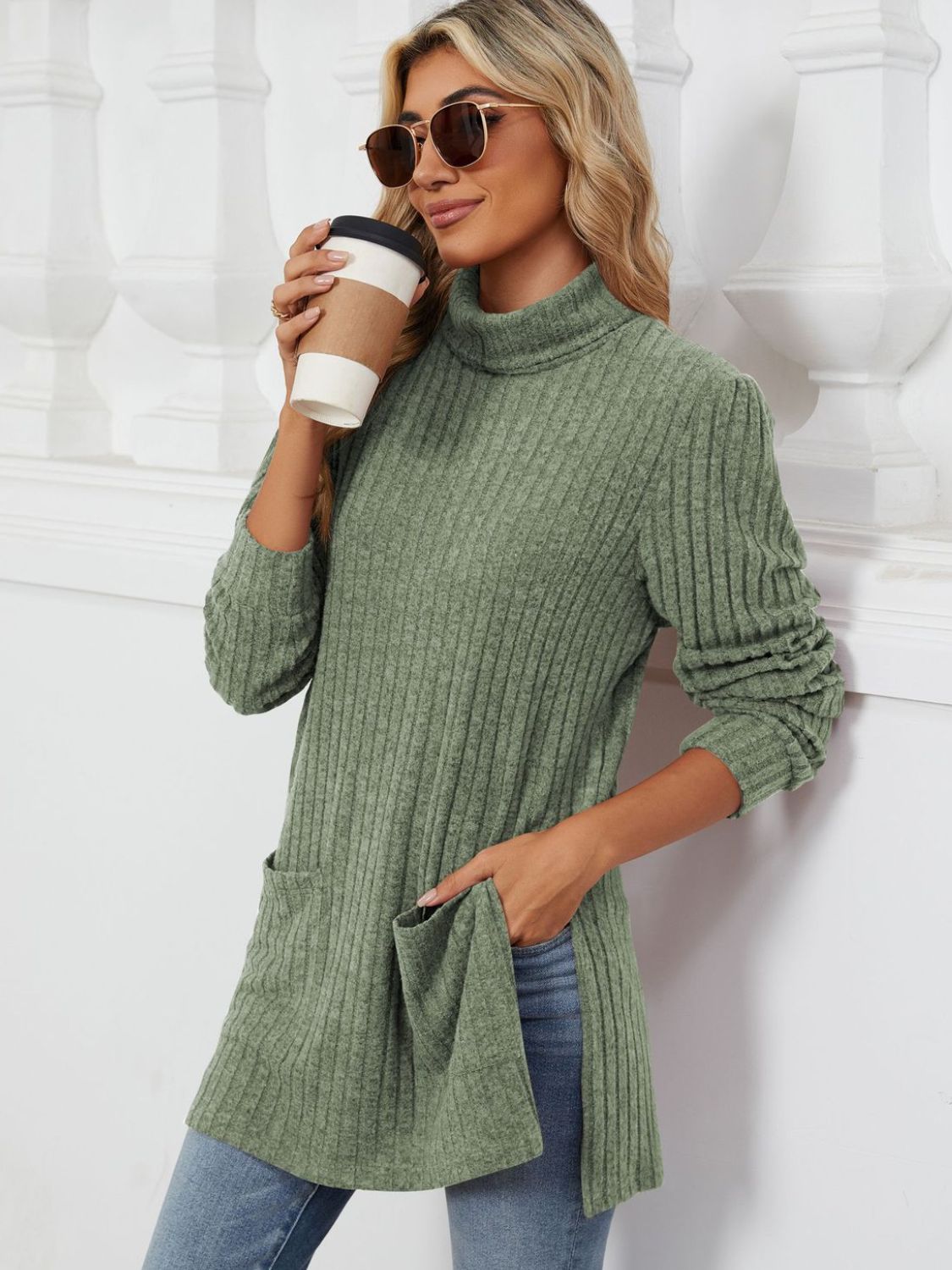 Slit Mock Neck Long Sleeve T-Shirt-Angel Casuals