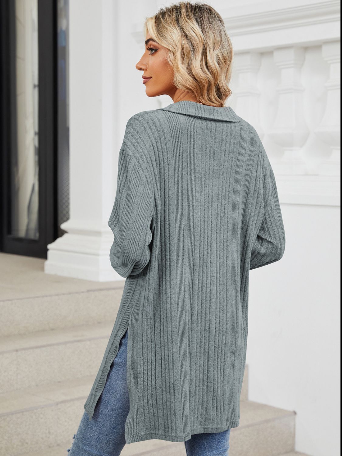 Slit Johnny Collar Long Sleeve T-Shirt-Angel Casuals