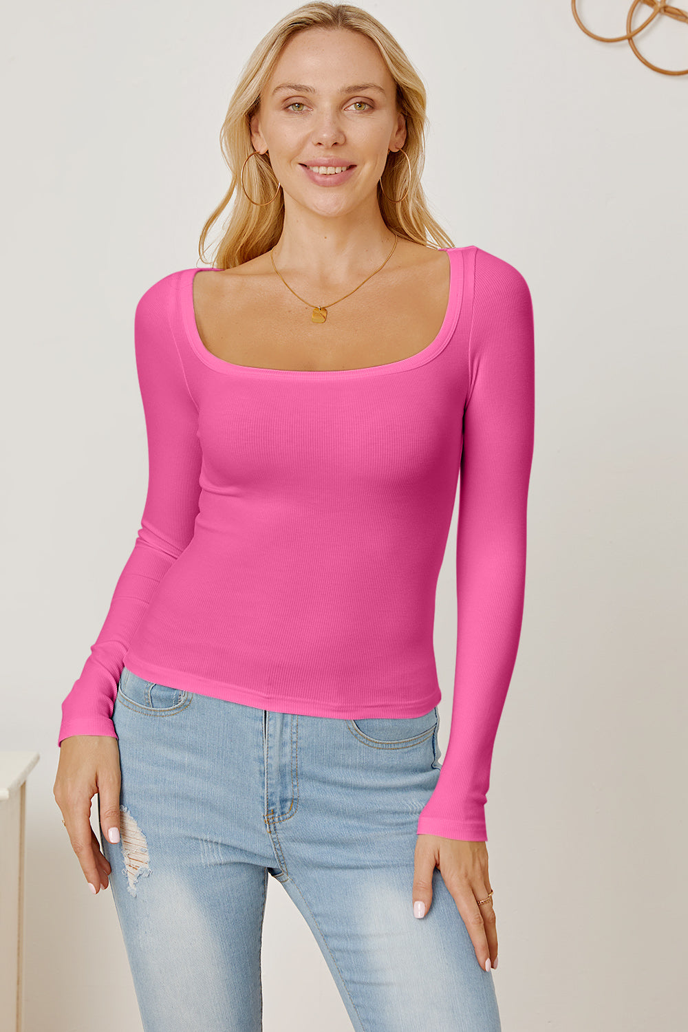 Square Neck Long Sleeve T-Shirt-Angel Casuals