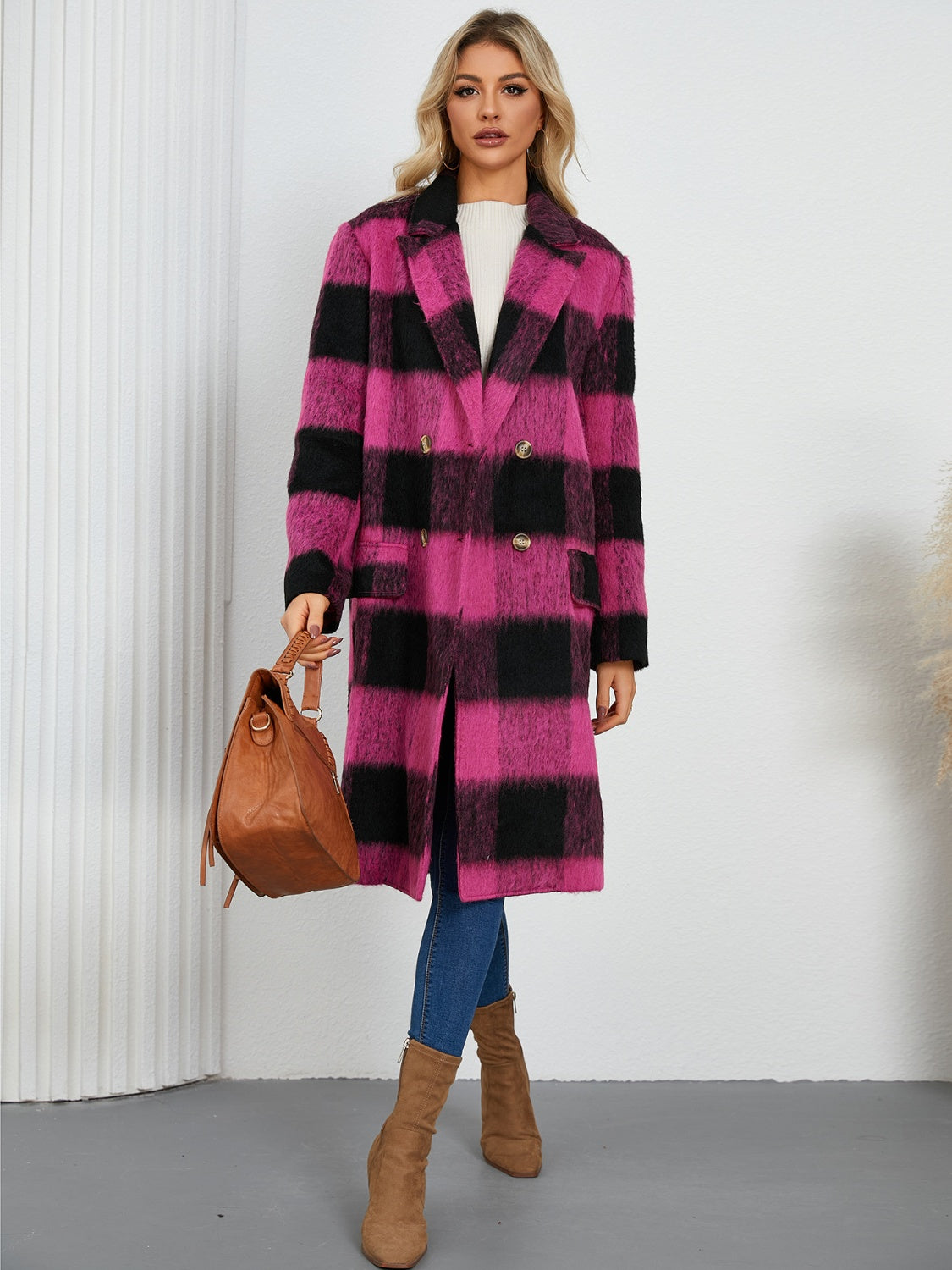 Plaid Double-Breasted Long Sleeve Coat-Angel Casuals