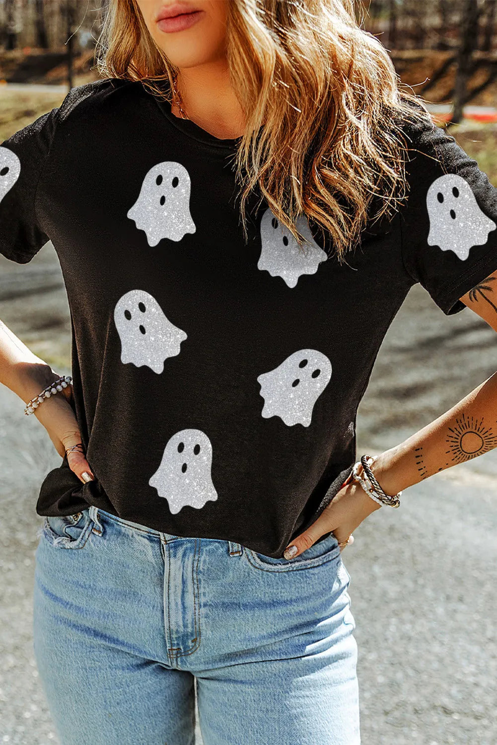 Glitter Ghost Round Neck Short Sleeve T-Shirt-Angel Casuals