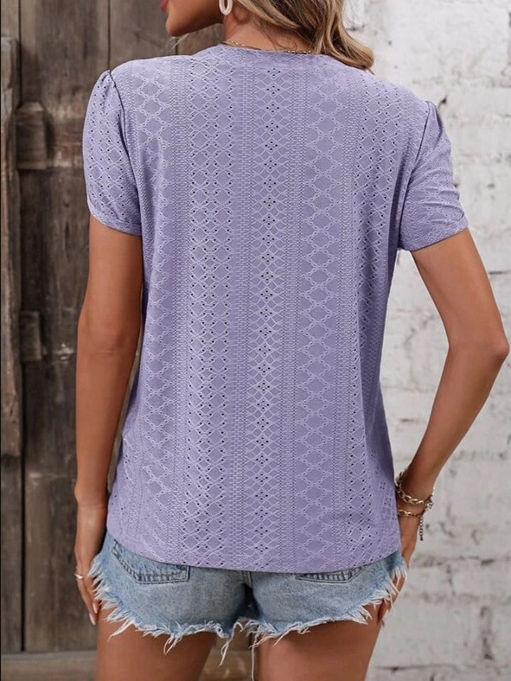 Eyelet V-Neck Petal Sleeve T-Shirt-Angel Casuals