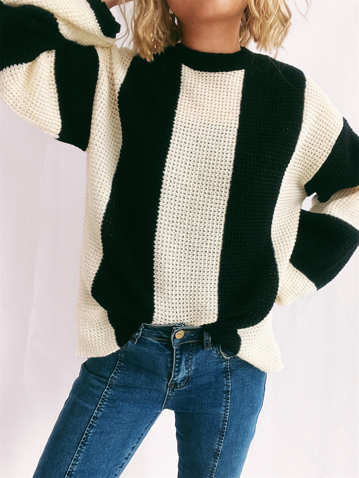 Color Block Round Neck Long Sleeve Sweater-Angel Casuals