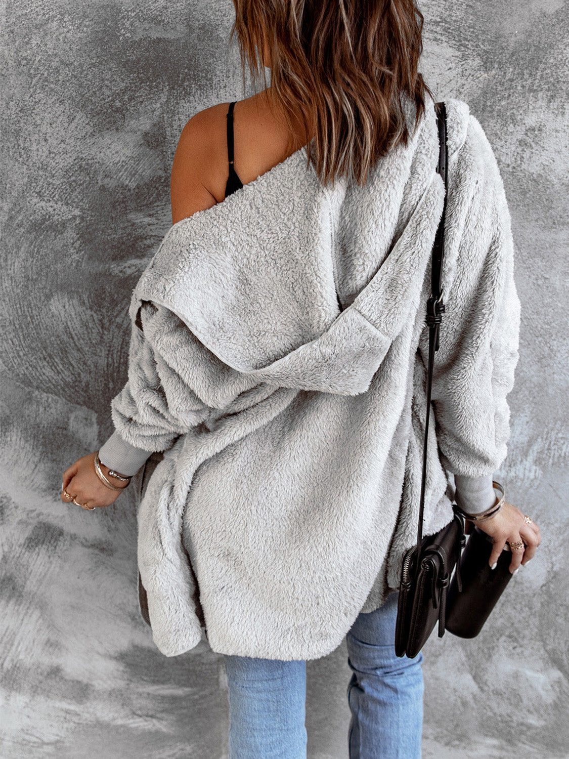 Open Front Hooded Faux Fur Outwear with Pockets-Angel Casuals