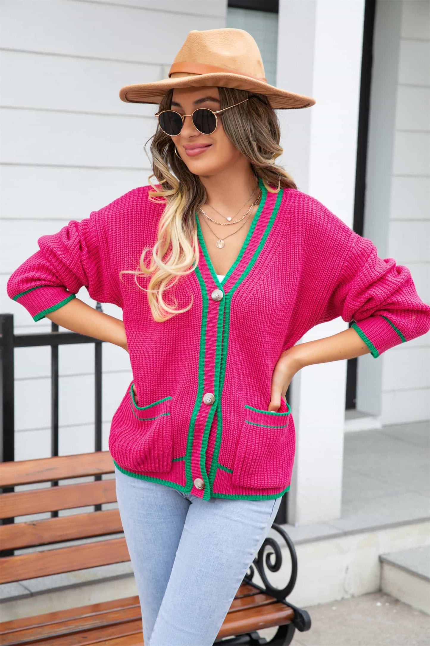 Waffle Knit V-Neck Cardigan with Pocket-Angel Casuals