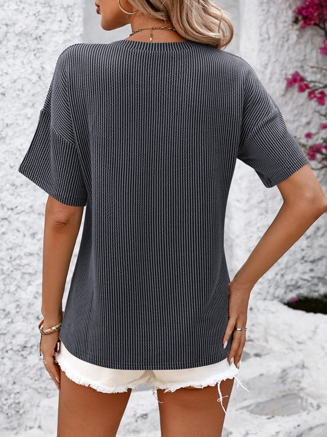 V-Neck Dropped Shoulder T-Shirt-Angel Casuals