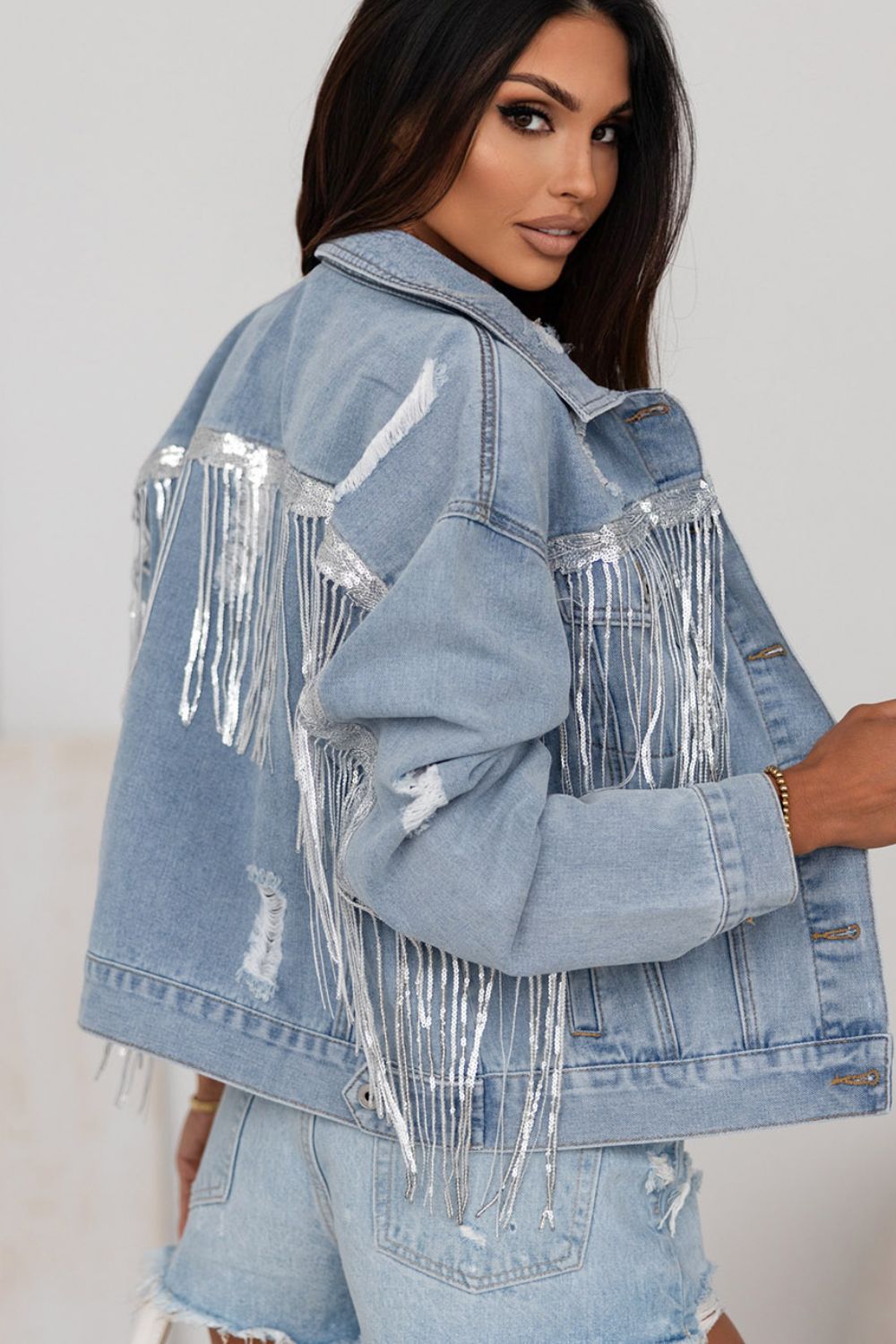Sequin Fringe Trim Distressed Button Up Denim Jacket-Angel Casuals