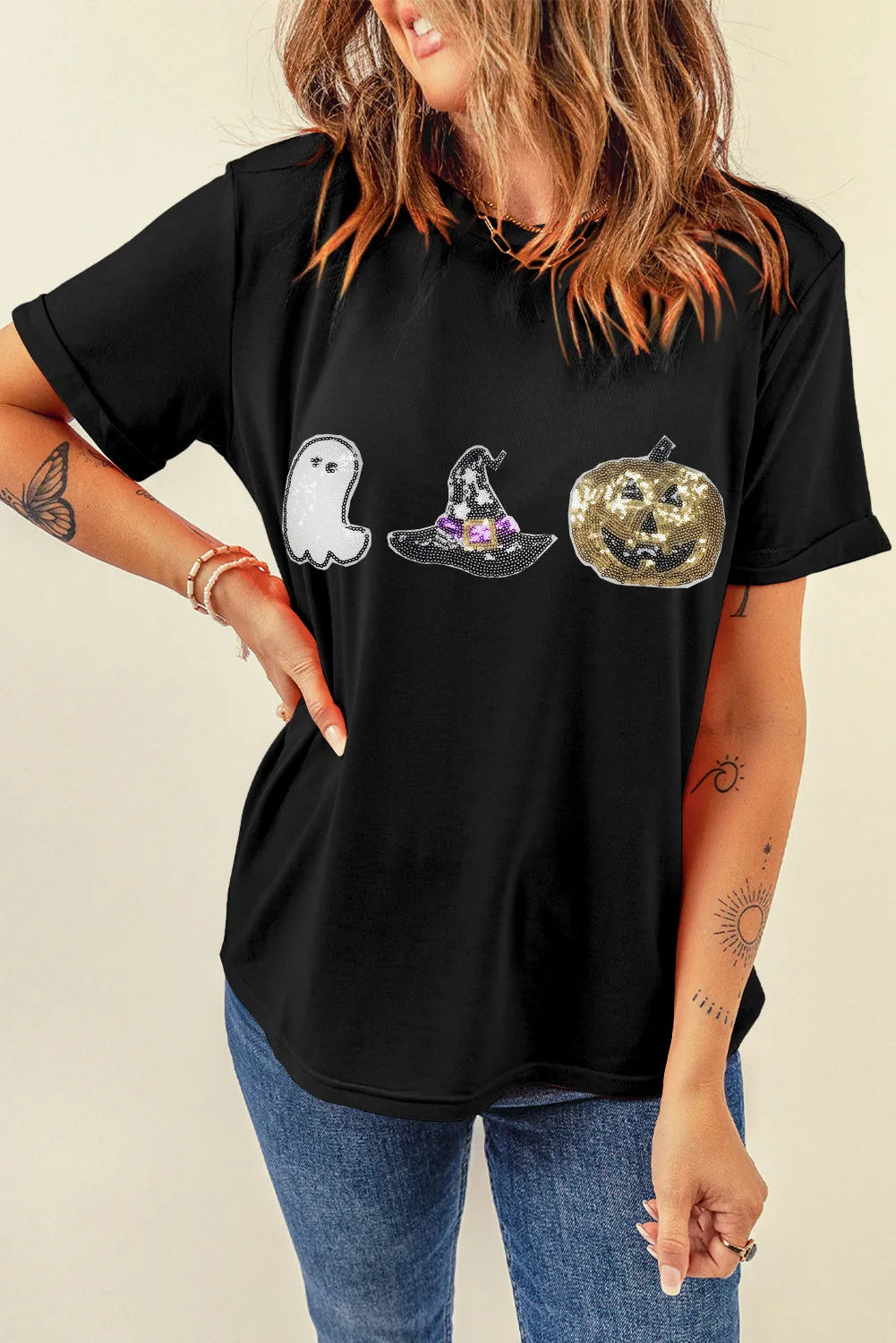 Sequin Round Neck Short Sleeve T-Shirt-Angel Casuals