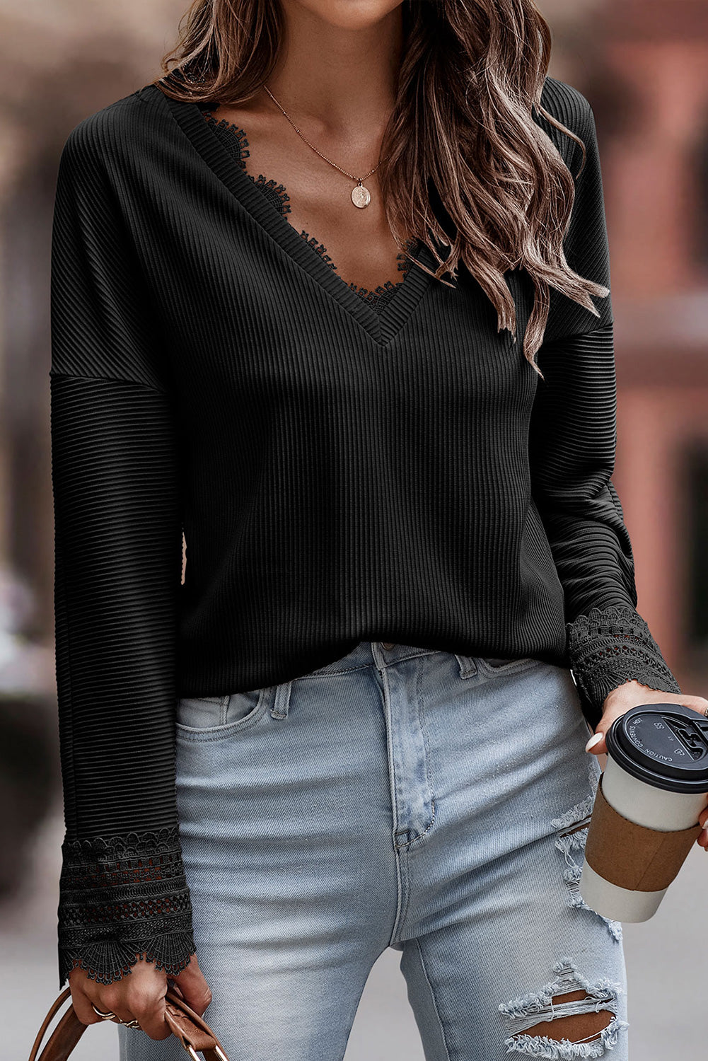 Lace Detail V-Neck Long Sleeve T-Shirt-Angel Casuals