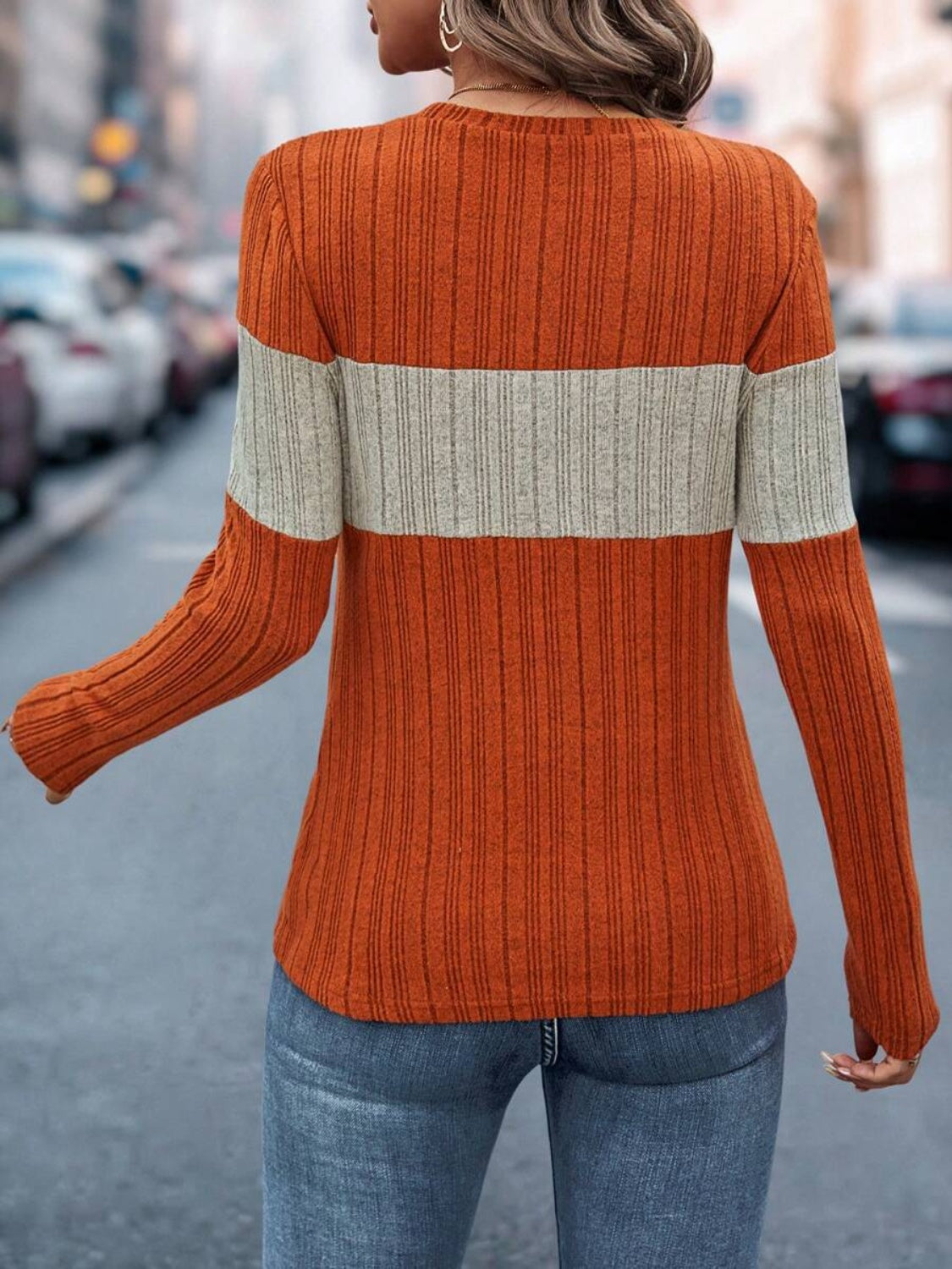 Color Block Round Neck Long Sleeve Top-Angel Casuals